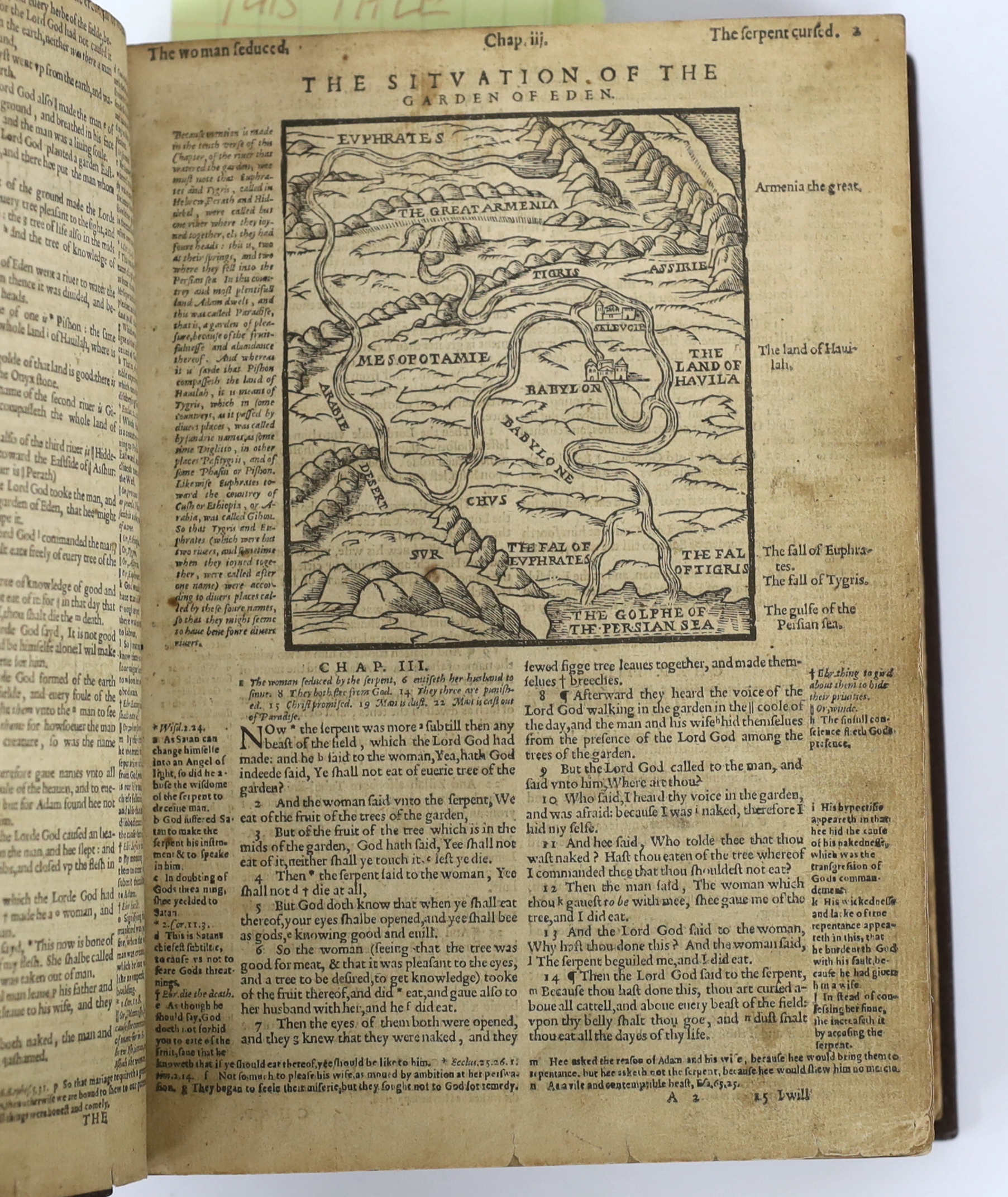 Bible - A Robert Barker 1603 Geneva (and Tomson-Junius) version, lacking the general title and the final leaf of the Old Testament. (The Bible:....With....Annotations...) New Testament pictorial engraved title, OT. part